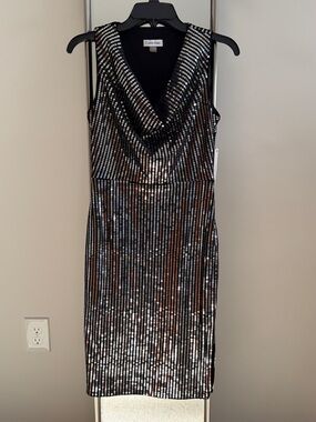 Calvin Klein Black and Silver Sequin Draped Neck Dress - Sz 2 🪩